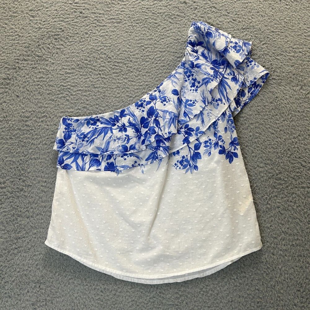 Maeve Shirt Womens 4 White & Blue Athena One Shoulder Ruffled Sleeve Lightweight